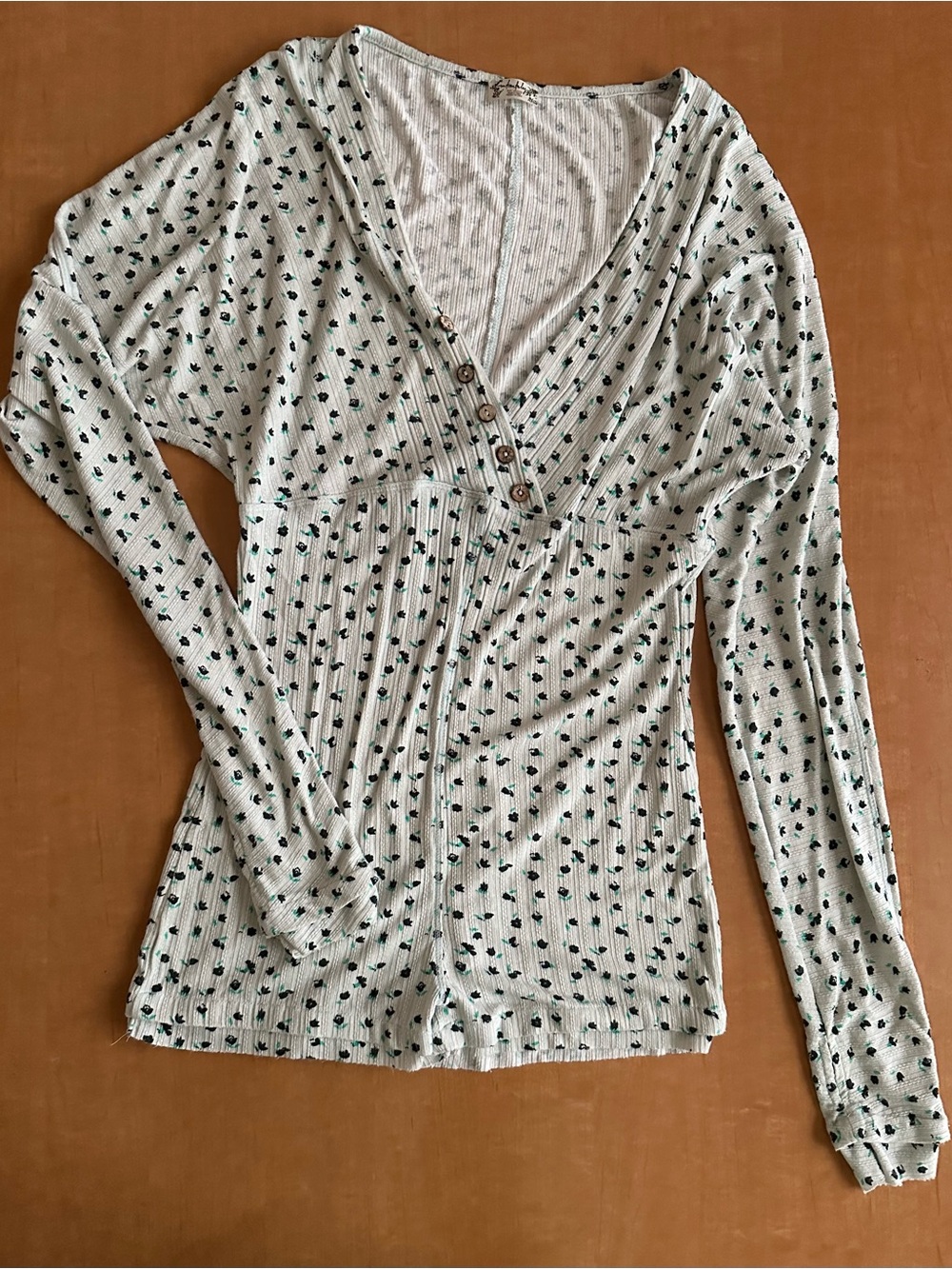 Intimately Free People Sleep In Romper Sage Green Floral Ribbed Henley Size S